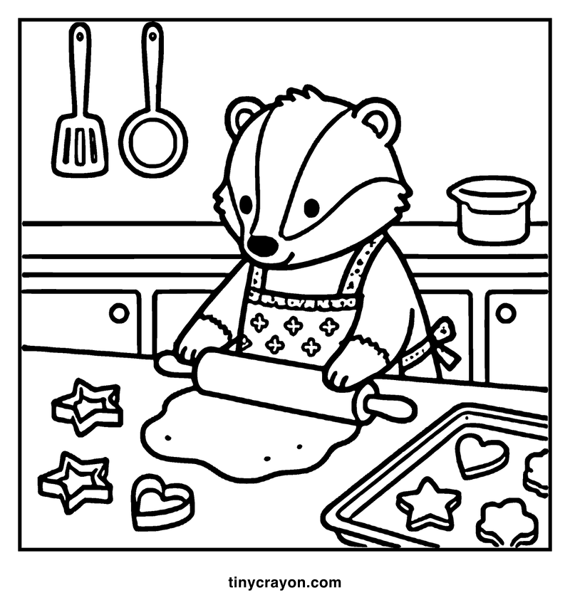 A bear wearing an apron is rolling out dough in a kitchen with baking tools and a cookie sheet, a cozy coloring page