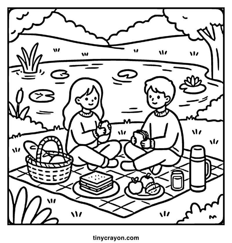 A boy and girl are having a picnic by a pond with lily pads, enjoying sandwiches and apples, a cozy coloring page