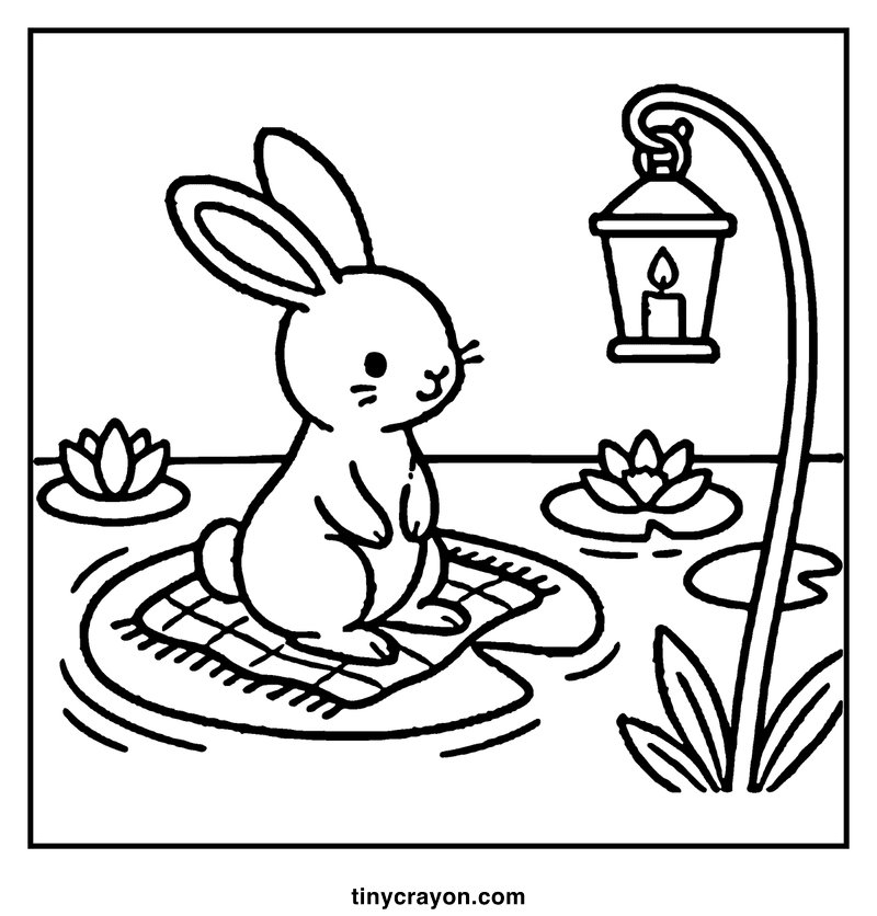 A bunny sits on a lily pad, looking up at a lantern with a candle, a cozy coloring page