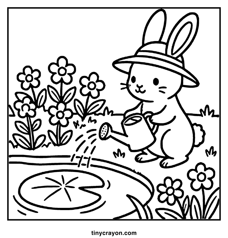 A bunny wearing a hat is watering flowers by a pond, a cozy coloring page