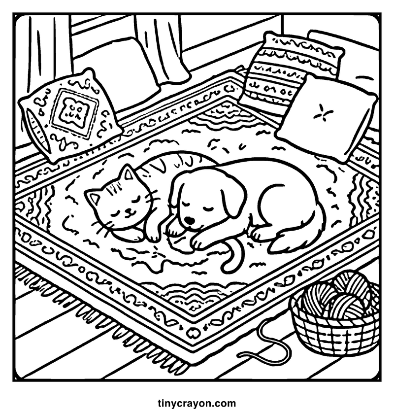A cat and a puppy are sleeping on a bed with pillows and a basket of yarn, a cozy coloring page
