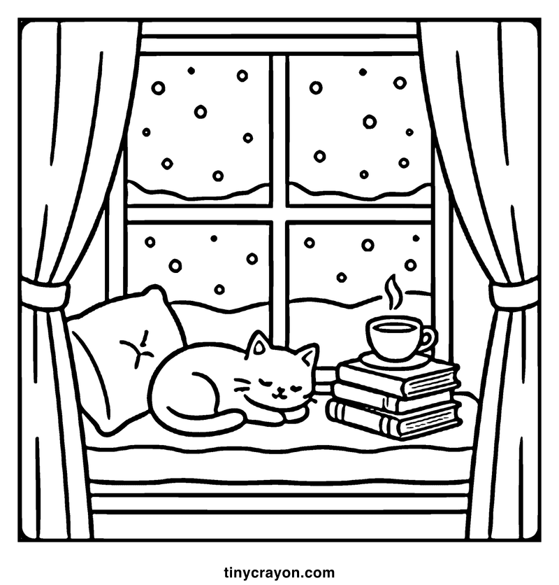 A cat is sleeping on a bed with a steaming cup of coffee and a stack of books, a cozy coloring page
