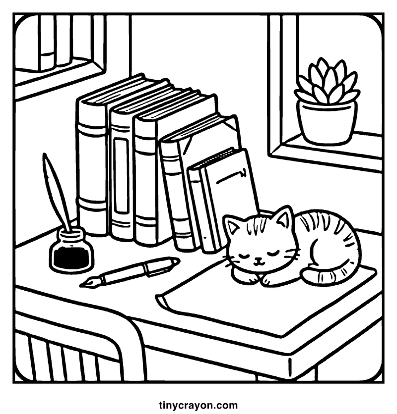 A cat is sleeping on a desk with books, an inkwell, and a pen nearby, a cozy coloring page