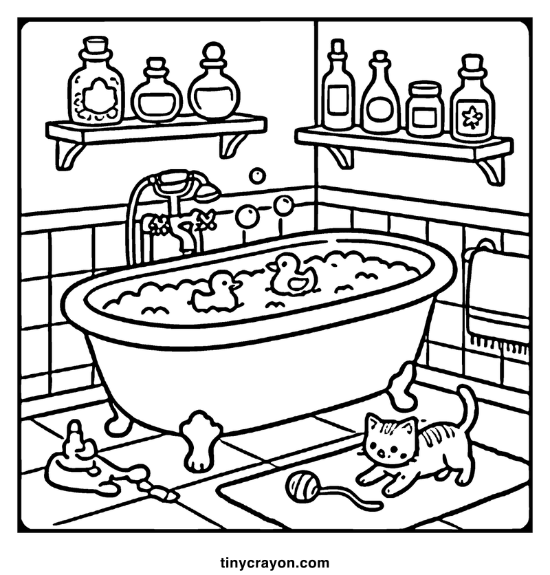 A cat playing with toys in a bathroom with a bathtub and shelves of bottles, a cozy coloring page