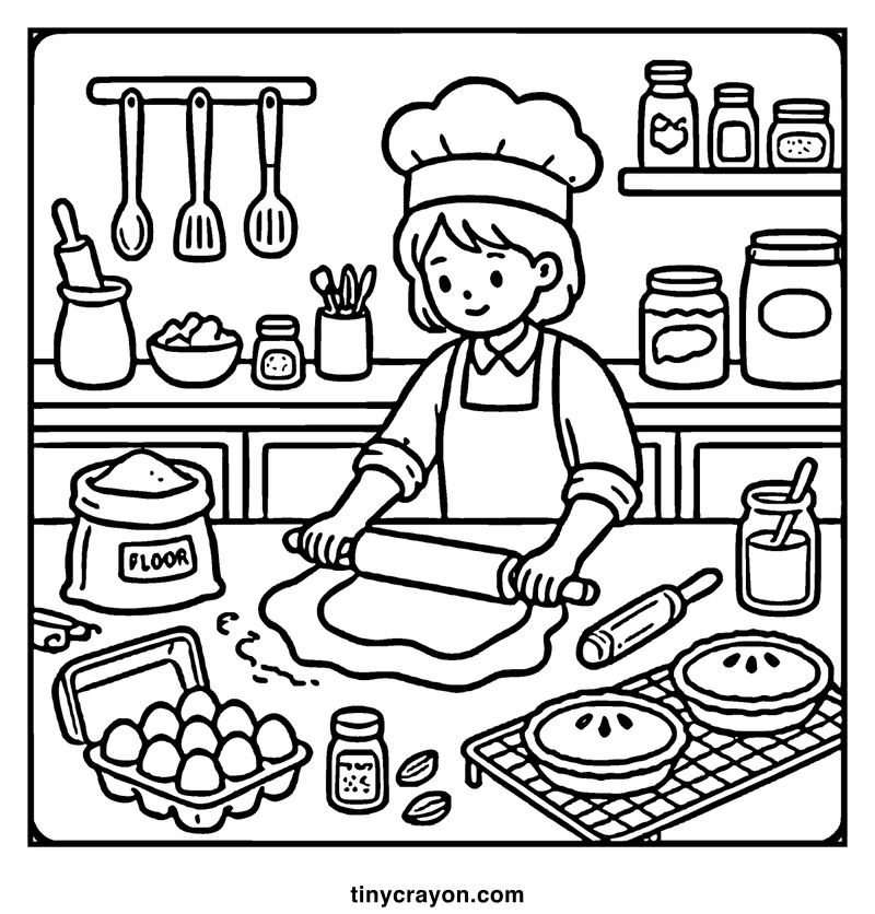 A chef in a kitchen is rolling out dough, surrounded by baking ingredients and utensils, a cozy coloring page
