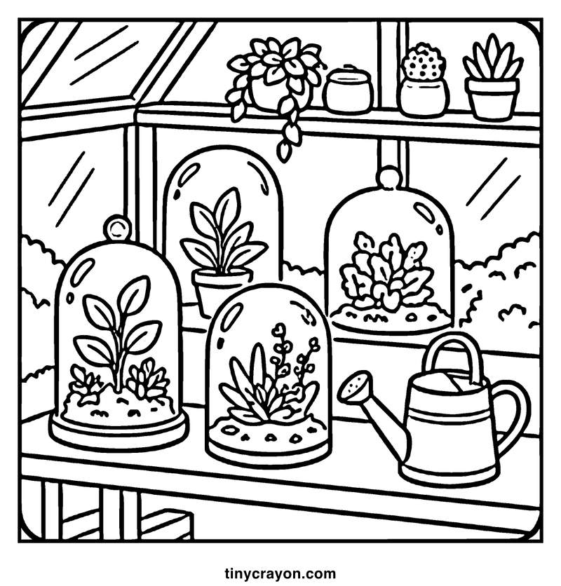 A greenhouse with succulents and cacti under glass domes and on shelves, a cozy coloring page