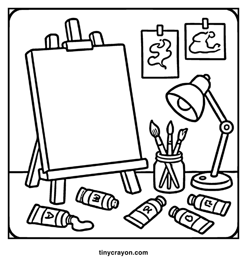 An artist's workspace with an easel, paint tubes, brushes and a lamp, a cozy coloring page