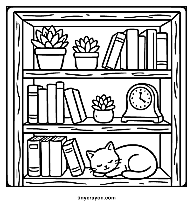 A cozy bookshelf with books, plants, and a sleeping cat, a cozy coloring page