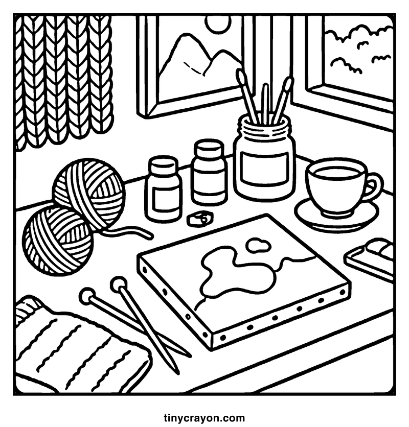 A cozy crafting table with yarn, paint, and knitting supplies, set against a window with mountain views, a cozy coloring page
