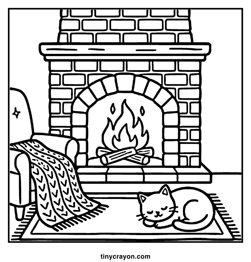 A cozy fireplace with a roaring fire, a cat sleeping on a rug, and a blanket draped over a chair, a cozy coloring page