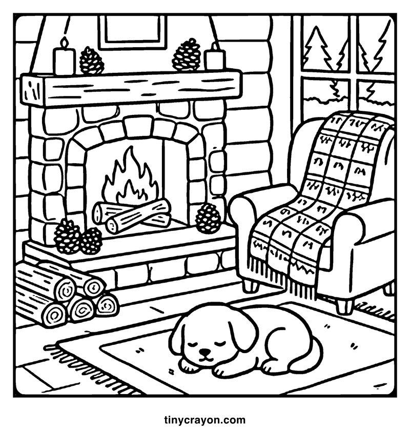 A cozy fireplace with a sleeping puppy, logs, pine cones, and a cozy armchair, a cozy coloring page