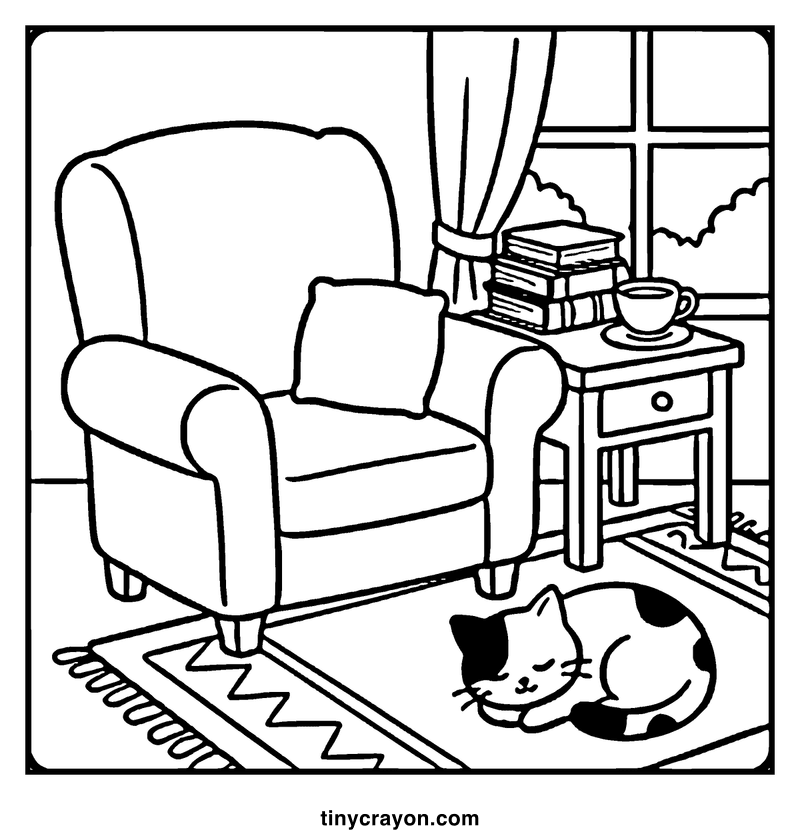 A cozy living room with a cat sleeping, a chair, books, a cup, and a window, a cozy coloring page