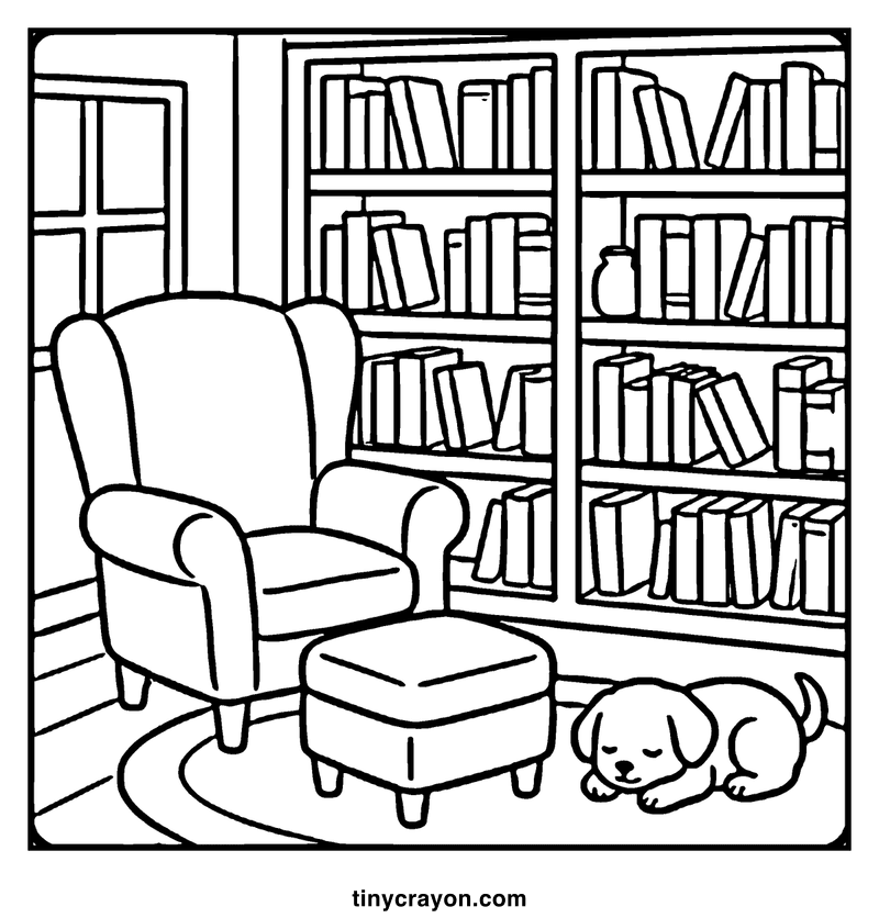 A cozy living room with a large armchair, a sleeping puppy, and a bookshelf filled with books, a cozy coloring page