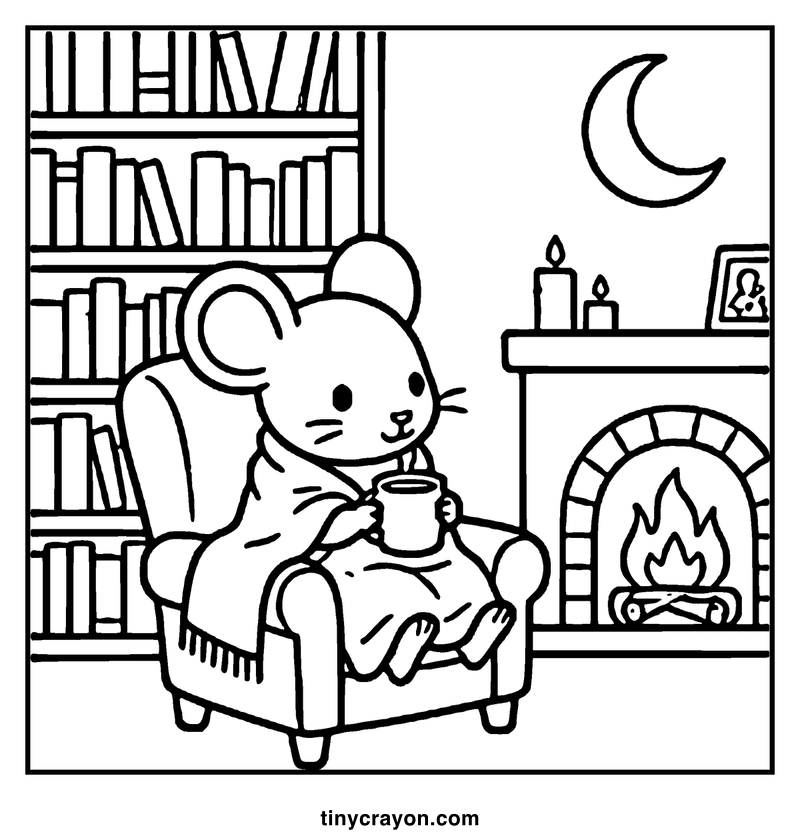 A cozy mouse sits in a chair, holding a mug, with a fireplace, candles, and a crescent moon in the background, a cozy coloring page
