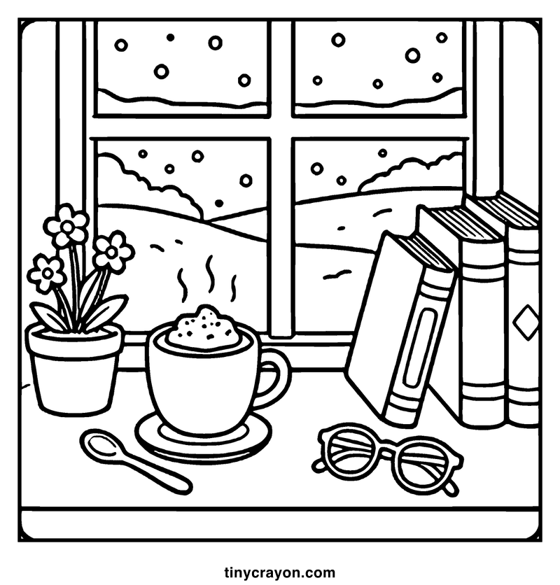 A cozy window scene with a cup of hot chocolate, a potted plant, books, and sunglasses, a cozy coloring page