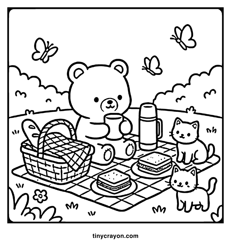 A cute bear enjoys a picnic with two cats and butterflies flying around, a cozy coloring page