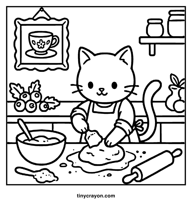 A cute cat baking in a cozy kitchen with a framed tea cup, a shelf with jars, and a bowl of berries, a cozy coloring page