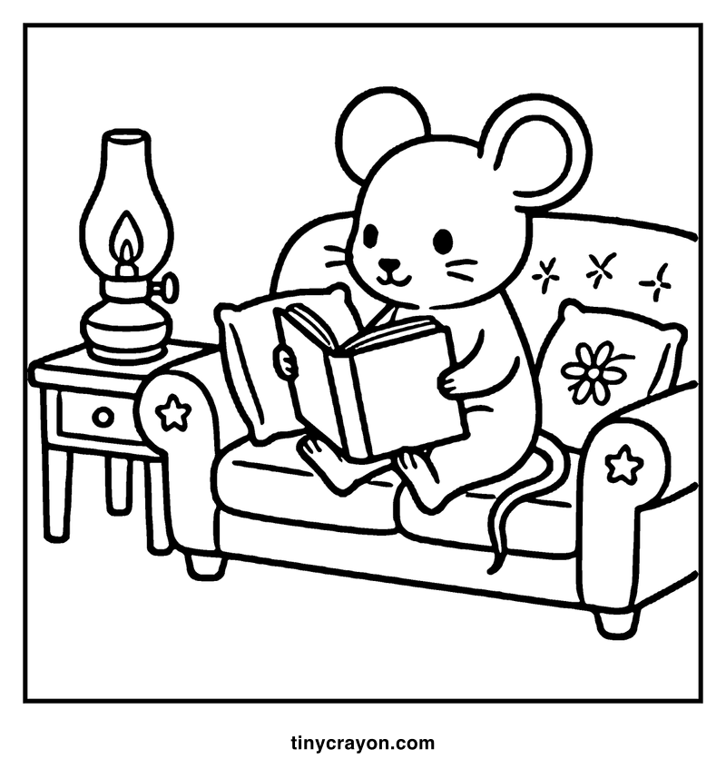 A cute mouse is sitting on a cozy couch, reading a book by a lit oil lamp, a cozy coloring page