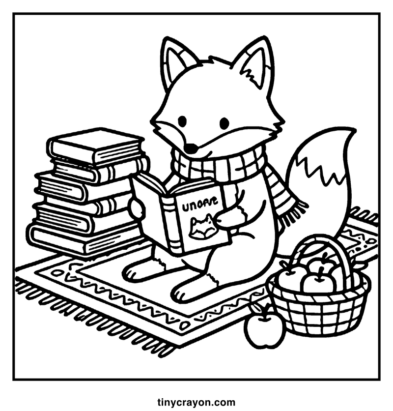A fox wearing a scarf is reading a book on a cozy rug with a basket of apples nearby, a cozy coloring page