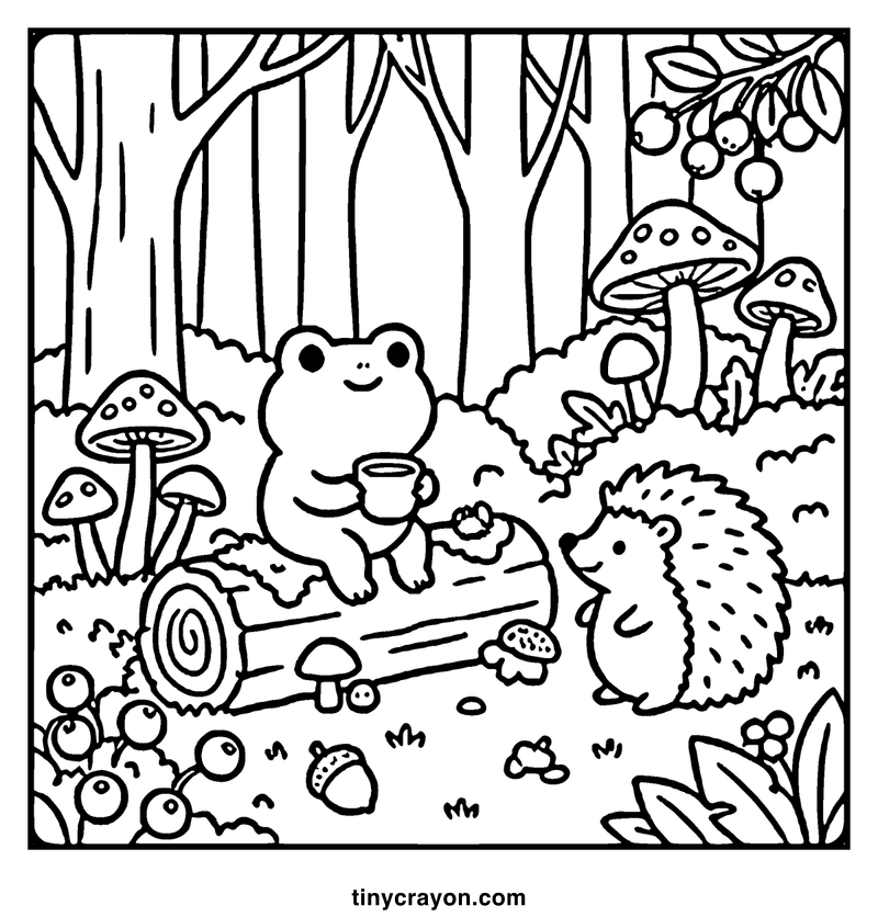 A frog sits on a log, holding a cup, surrounded by mushrooms and a hedgehog, a cozy coloring page