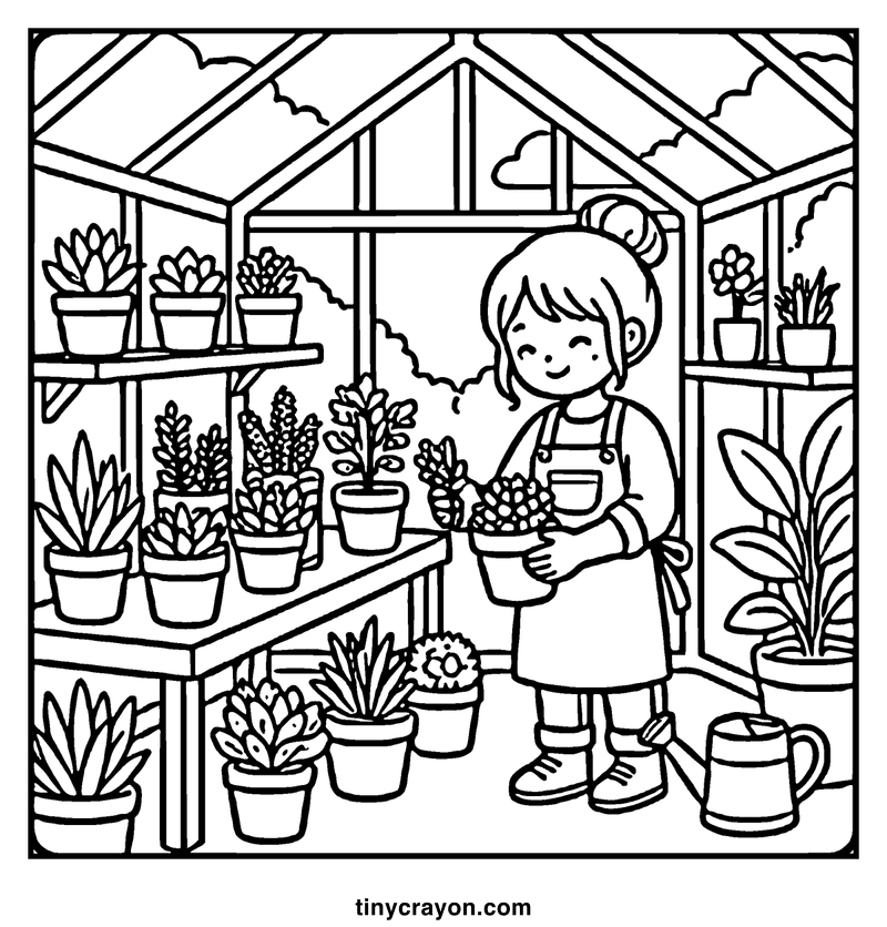 A girl in a greenhouse holding a potted plant, surrounded by shelves of various plants, a cozy coloring page