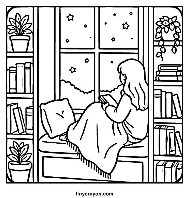 A girl is reading a book in a cozy bedroom with starry windows, surrounded by bookshelves and plants, a cozy coloring page