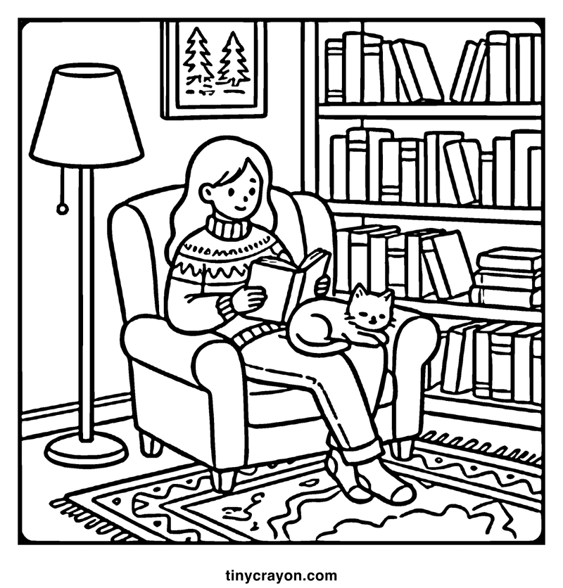 A girl sits in an armchair reading a book with a cat on her lap, beside a tall floor lamp and a full bookshelf, a cozy coloring page