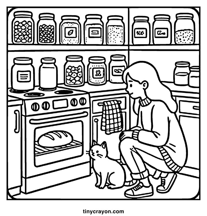 A girl sits by an oven, watching bread bake, with jars lined up above, a cozy coloring page