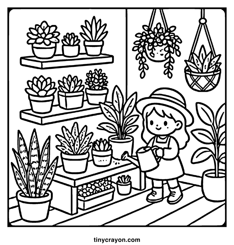 A girl watering plants in a cozy indoor garden with shelves and hanging pots, a cozy coloring page
