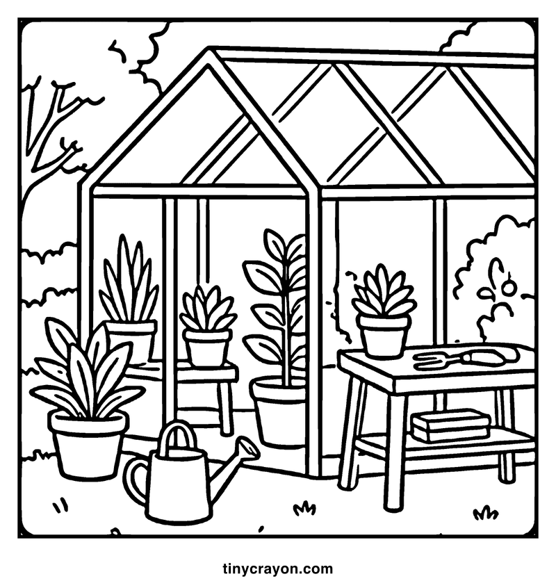 A greenhouse filled with plants, a watering can, and gardening tools in a garden setting, a cozy coloring page