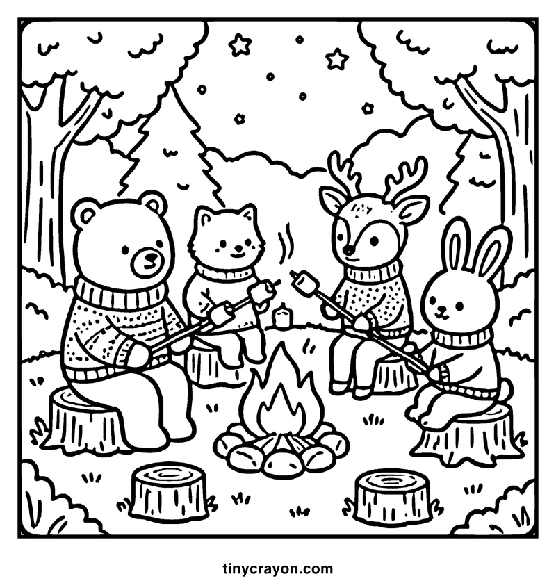 A group of woodland animals, including a bear, cat, deer, and rabbit, are roasting marshmallows around a campfire in a forest setting at night, a cozy coloring page