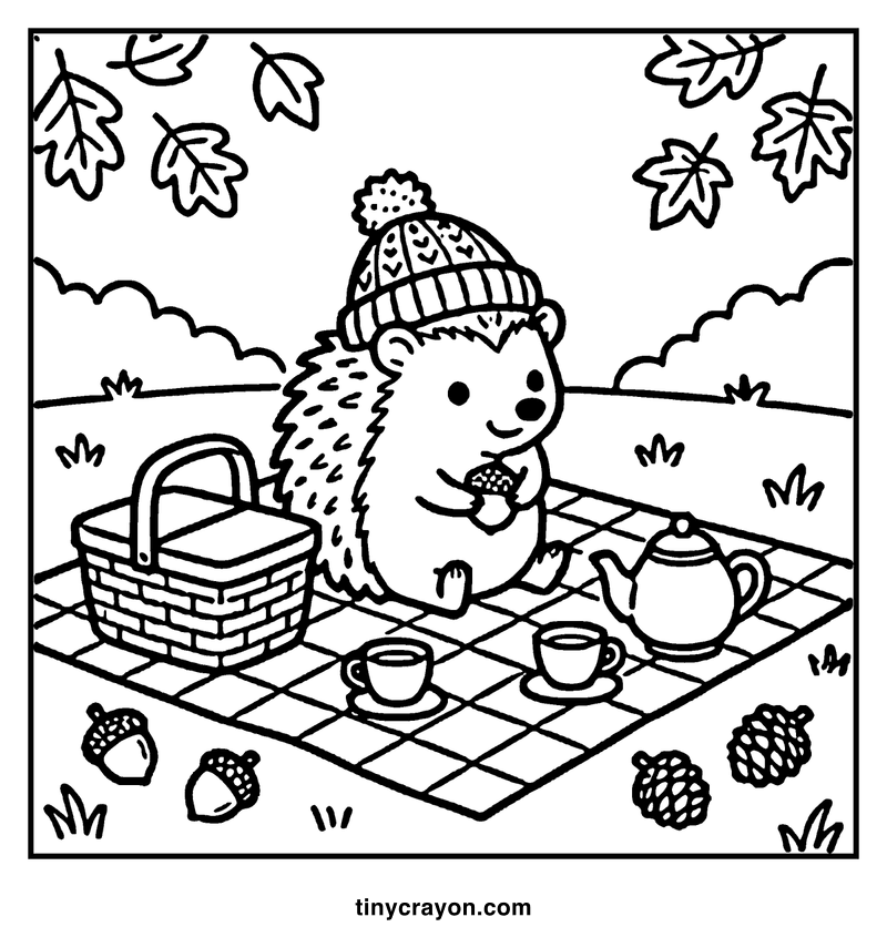 A hedgehog wearing a hat is having a picnic with a teapot, two cups, and acorns on a checkered blanket, a cozy coloring page