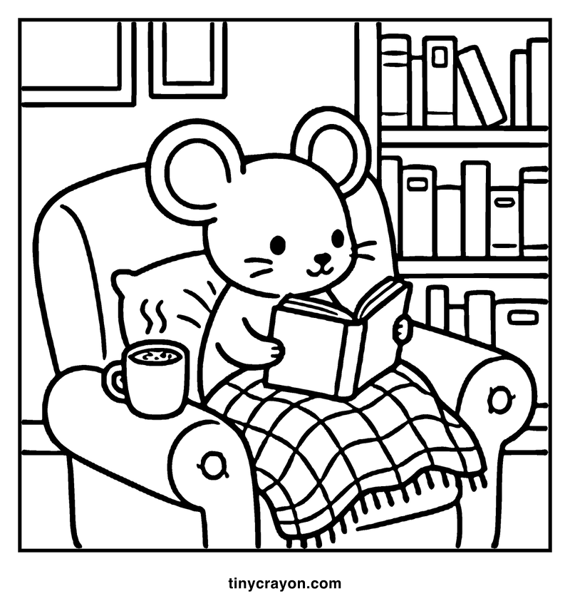 A mouse is reading a book in a cozy armchair with a mug of hot cocoa and a blanket, a cozy coloring page
