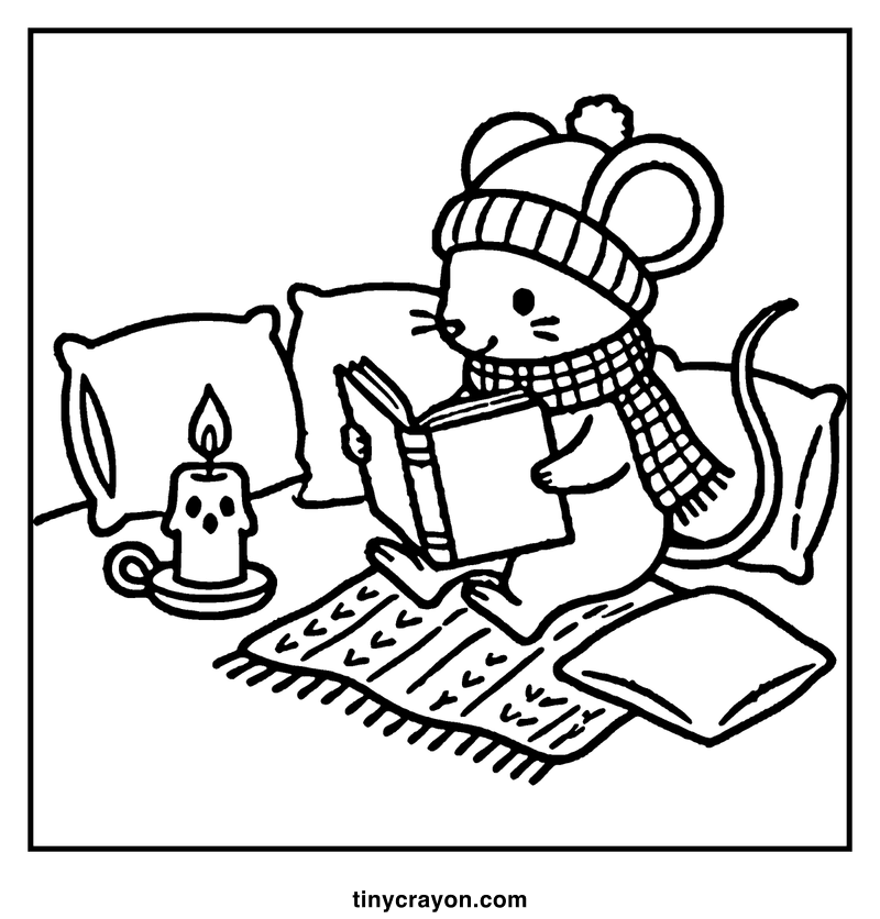 A mouse wearing a hat and scarf is reading a book in bed with a lit candle beside it, a cozy coloring page