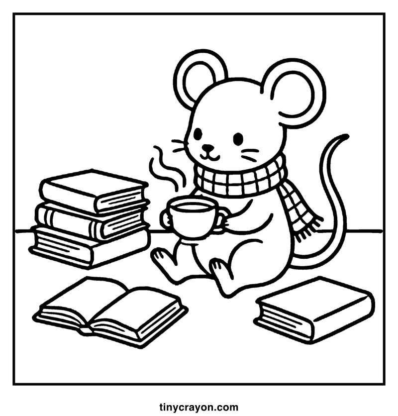A mouse wearing a scarf is sitting at a table with books and a steaming cup, a cozy coloring page
