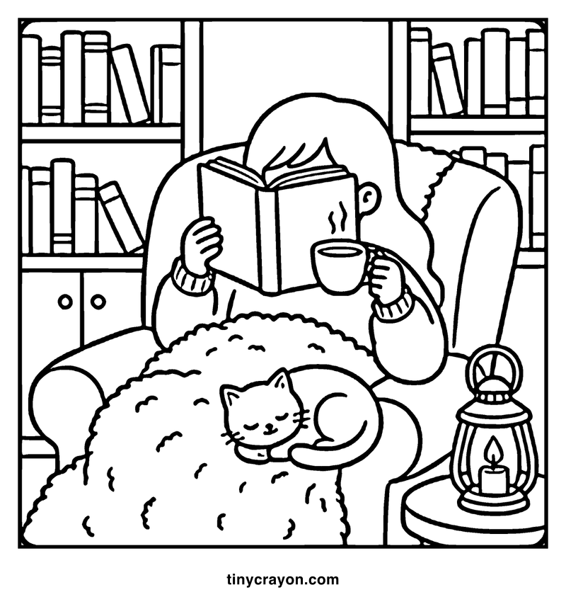A person is reading a book with a cat sleeping on their lap, in a cozy room with bookshelves and a lantern, a cozy coloring page