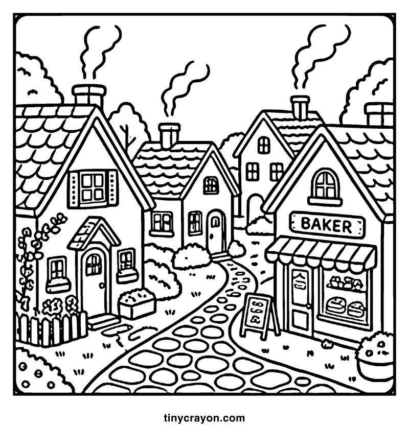 A quaint village street with colorful houses, a bakery, and a cobblestone path, a cozy coloring page
