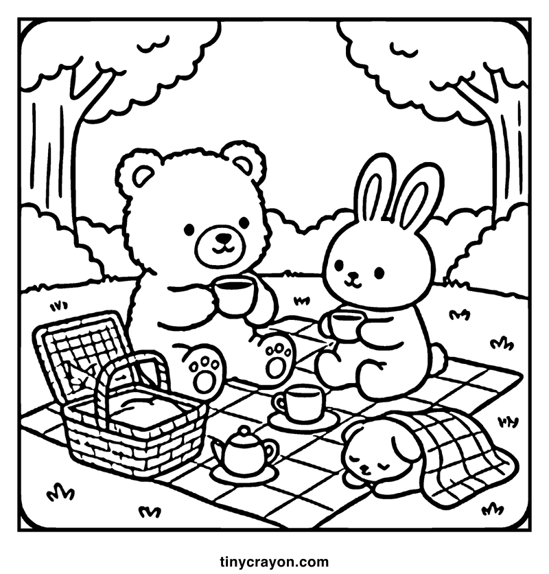 A teddy bear and a rabbit are having a picnic in a park, drinking tea and eating cookies, a cozy coloring page