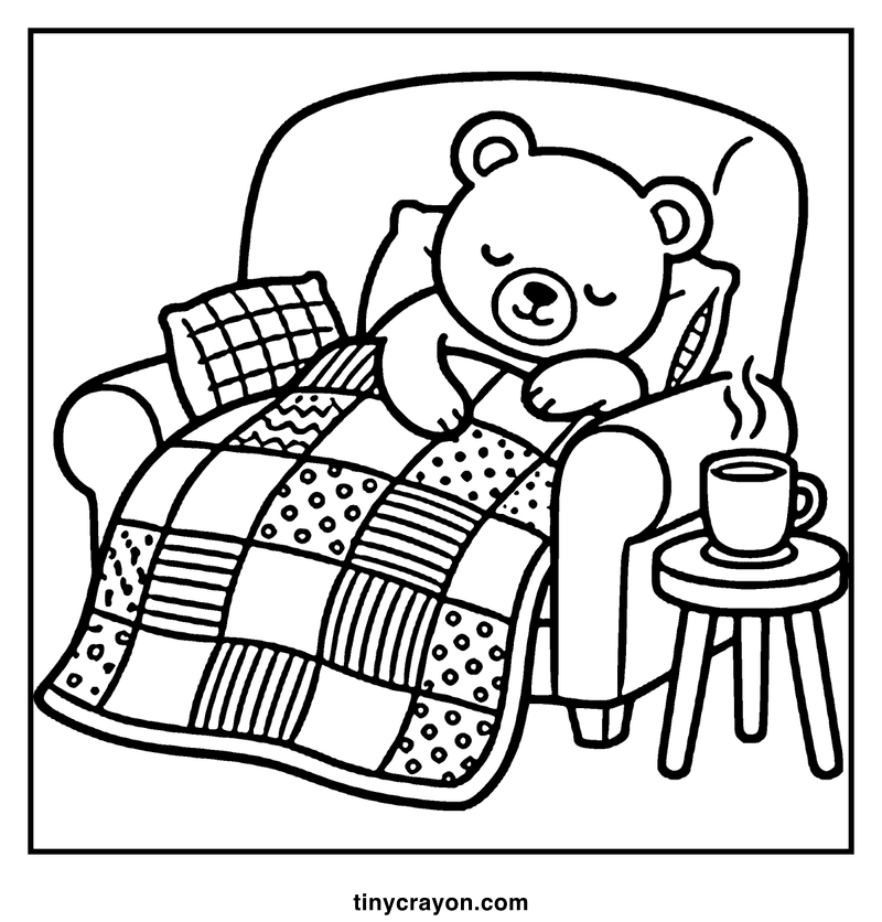A teddy bear is sleeping soundly on a cozy armchair, wrapped in a patchwork blanket, with a steaming cup of hot chocolate beside it, a cozy coloring page