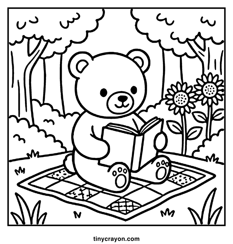 A teddy bear sits on a blanket, reading a book in a forest with sunflowers and trees, a cozy coloring page