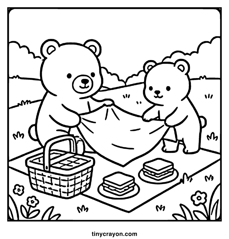 Two cute bears are having a picnic in a grassy field with a basket and sandwiches, a cozy coloring page