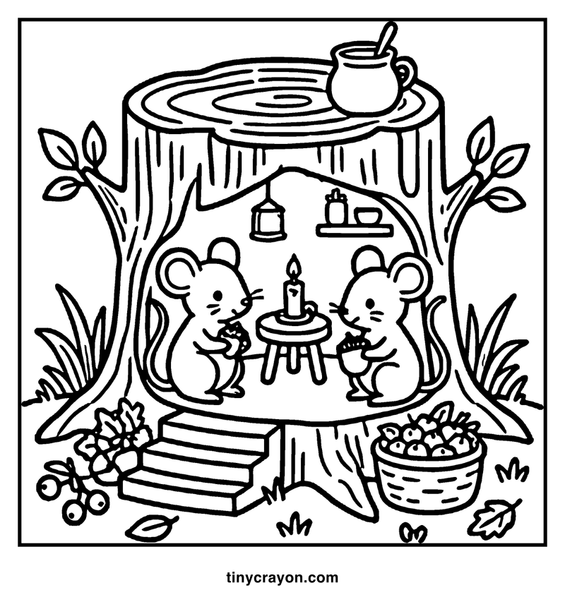 Two mice sit at a table inside a tree stump, sharing a candle and a meal, surrounded by leaves and berries, a cozy coloring page