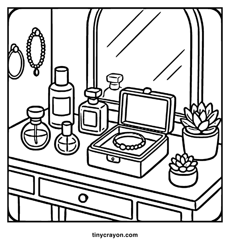 A vanity table with perfume bottles, a bracelet, and a succulent plant, a cozy coloring page