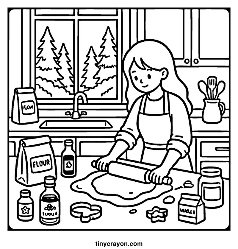 A woman in a kitchen is rolling out dough with a rolling pin, a cozy coloring page