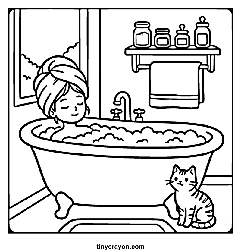 A woman is relaxing in a bubble bath, with a cat sitting beside her, in a bathroom setting, a cozy coloring page