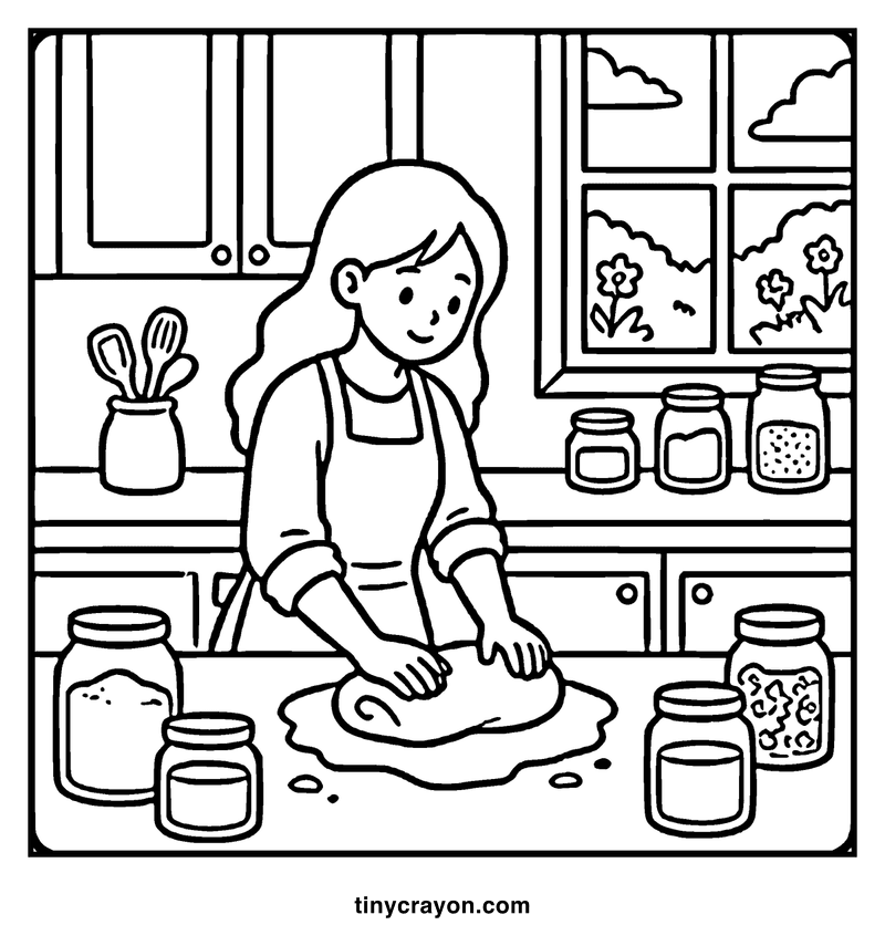 A woman kneading dough in a kitchen with jars and utensils around, a cozy coloring page