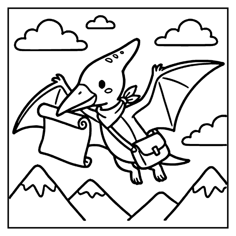 A cartoon pterodactyl is flying high in the sky with mountains and clouds below, a dinosaur coloring page