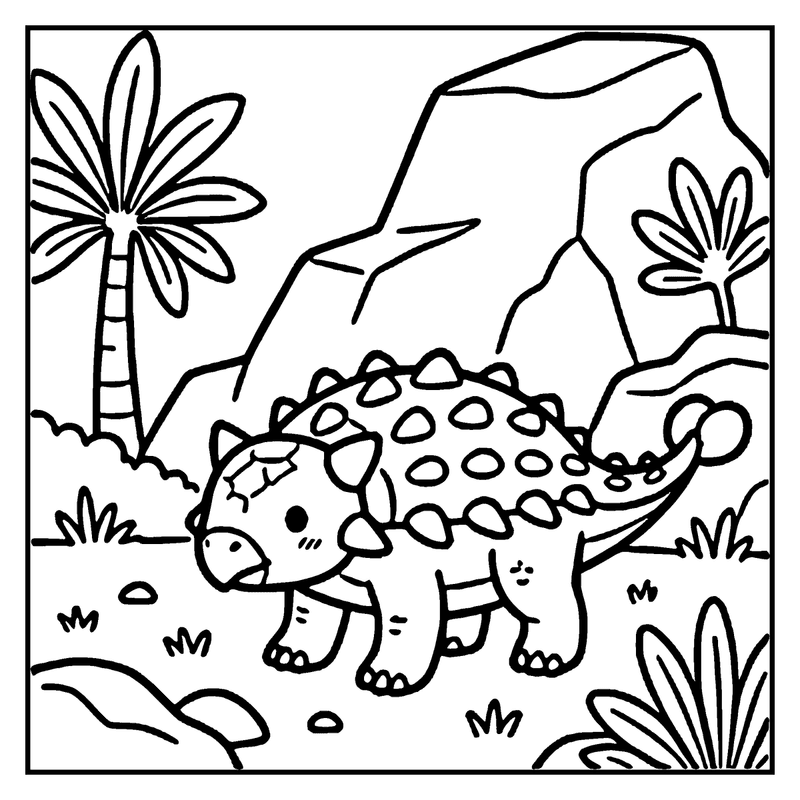 A cute ankylosaurus dinosaur is walking in a prehistoric jungle with palm trees and a rock formation