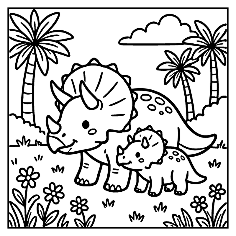 A cute baby dinosaur and its mother stand in a lush, tropical setting with palm trees and flowers