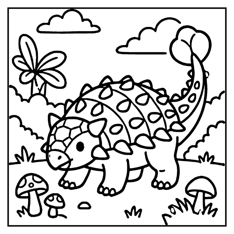 A cute, cartoon dinosaur with a long neck and spiky back is walking through a garden with flowers, mushrooms, and clouds in the sky